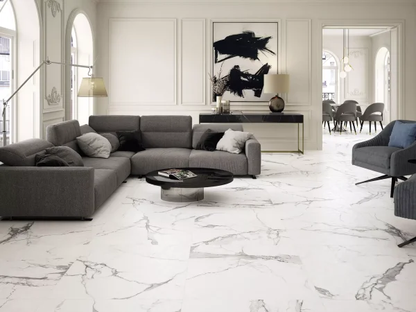 Ambiance salon carrelage LE BLANC NEW CLASSIC – MagasinDeCarrelage – VAL D’OISE, FRANCE