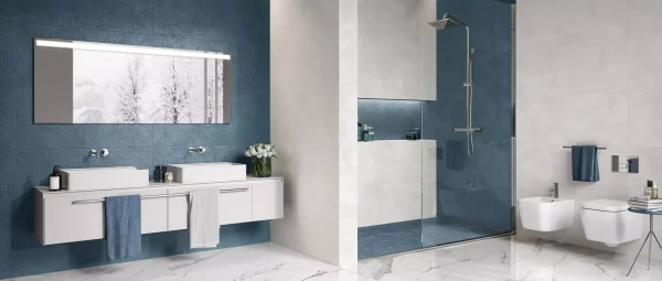 Carrelage COLOVERS Cobalt White, finition mate blanche avec accents cobalt, style graphique et contemporain-MagasinDeCarrelage-VAL D'OISE,FRANCE